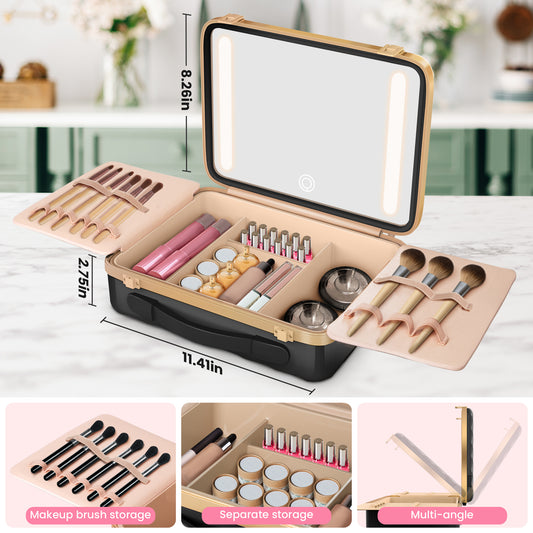 EASYINBEAUTY Travel Makeup Case with Lighted Mirror - Black