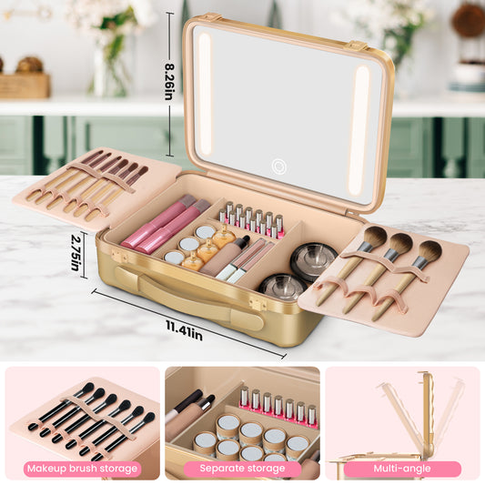 EASYINBEAUTY Travel Makeup Case with Lighted Mirror - Gold