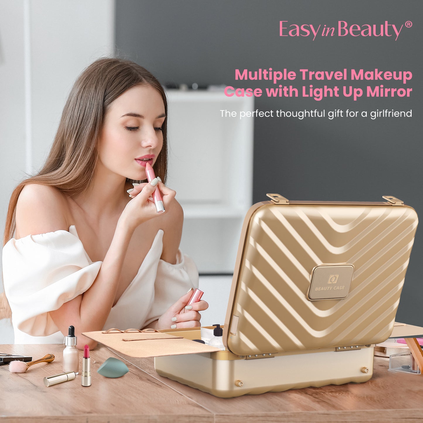 EASYINBEAUTY Travel Makeup Case with Lighted Mirror - Gold