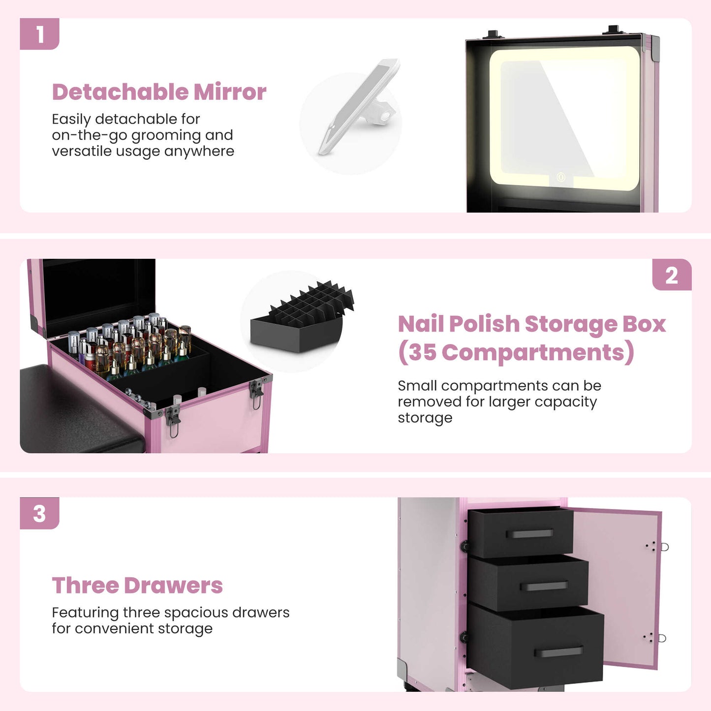 New Upgrade Rolling Manicure Table Folding Nail Tech Desk - Pink