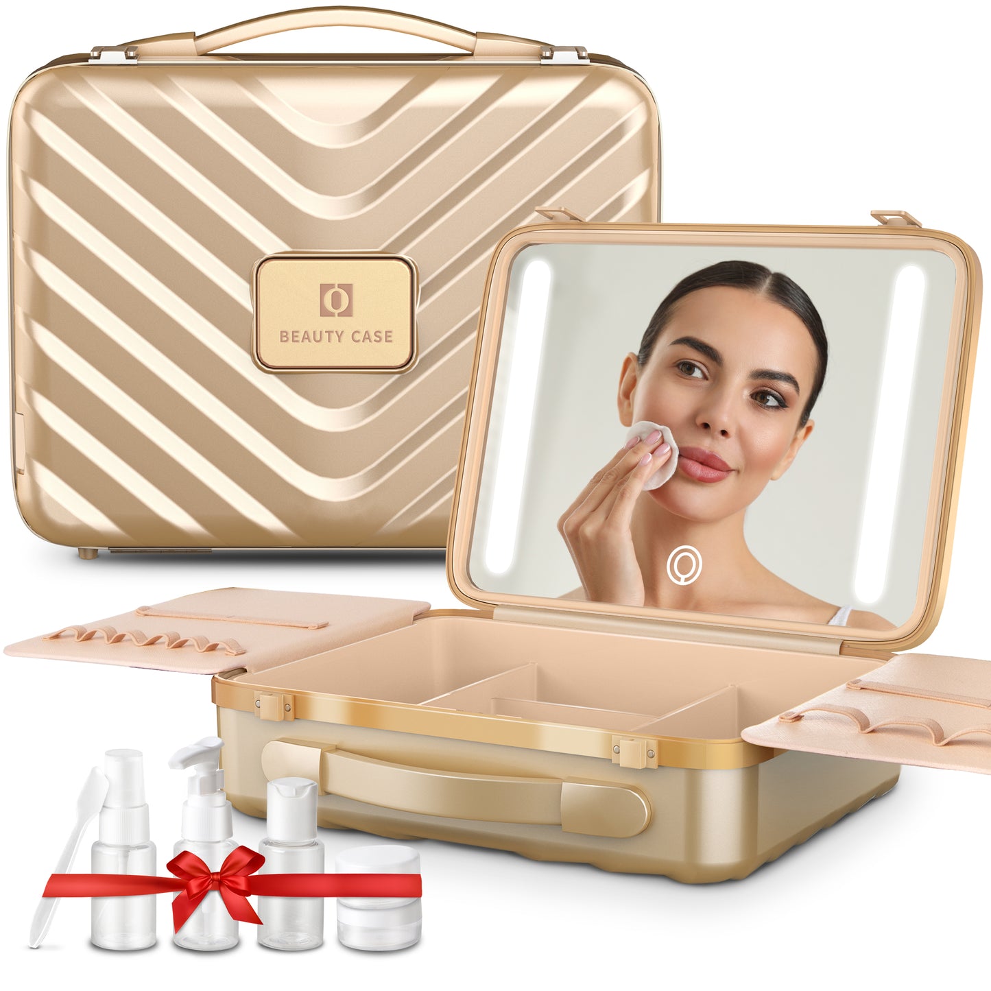 EASYINBEAUTY Travel Makeup Case with Lighted Mirror - Gold