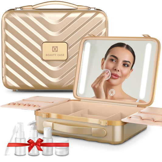 EASYINBEAUTY Travel Makeup Case with Lighted Mirror - Gold