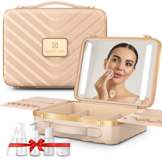 EASYINBEAUTY Travel Makeup Case with Lighted Mirror - Pink