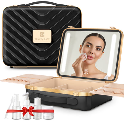 EASYINBEAUTY Travel Makeup Case with Lighted Mirror - Black
