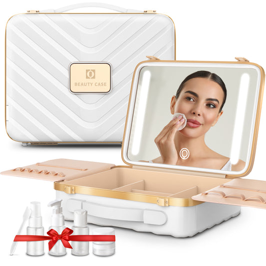 EASYINBEAUTY Travel Makeup Case with Lighted Mirror - White