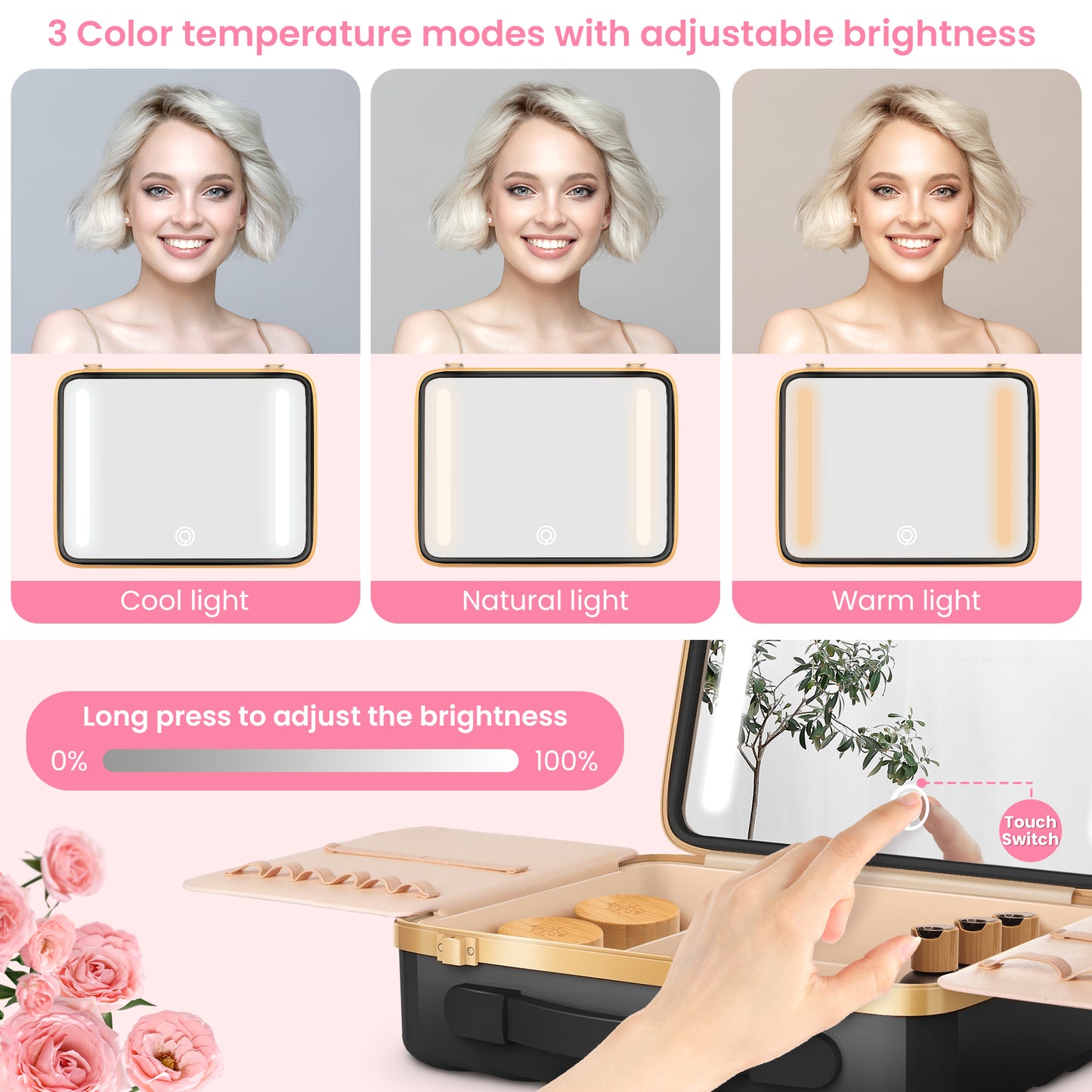 EASYINBEAUTY Travel Makeup Case with Lighted Mirror - Black