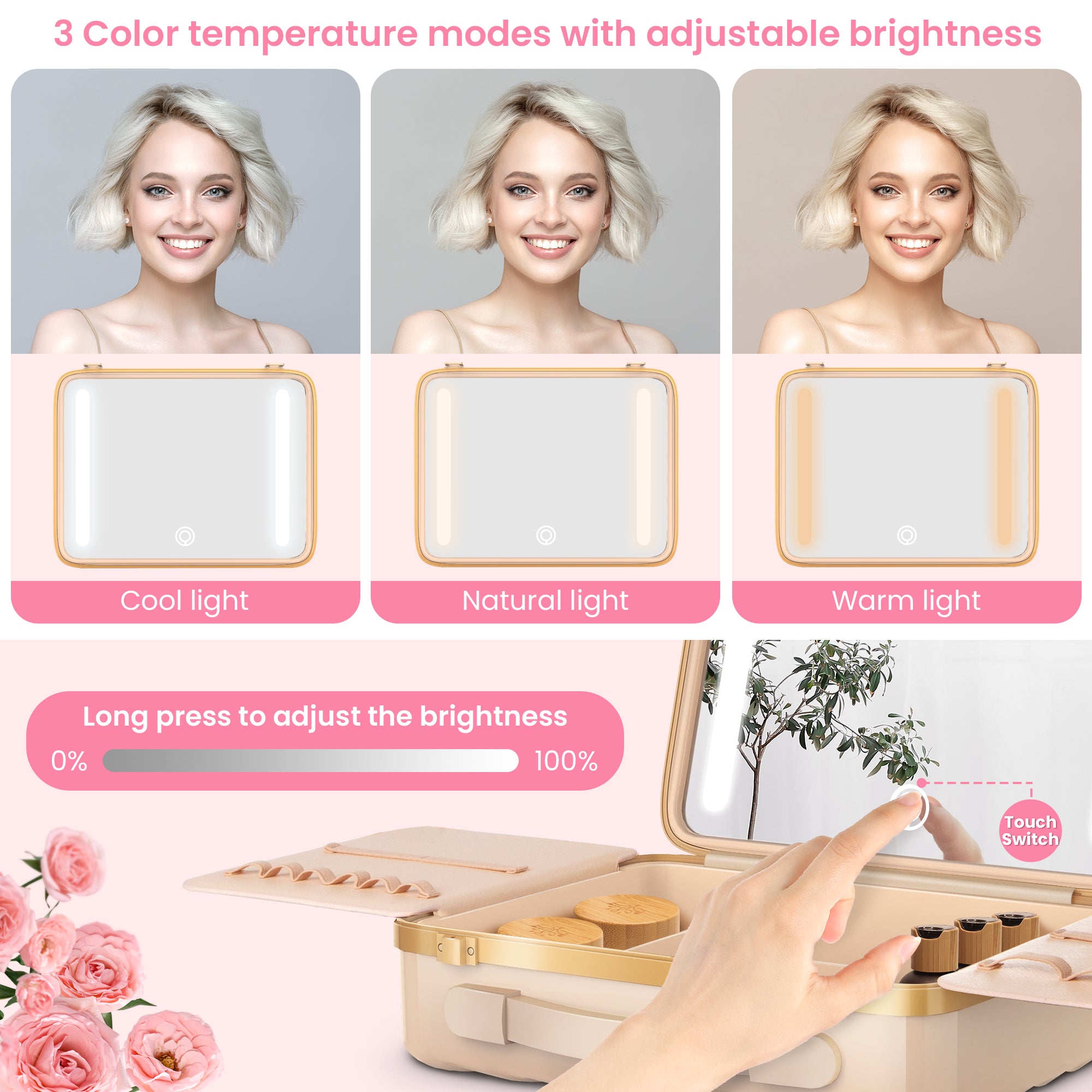 EASYINBEAUTY Travel Makeup Case with Lighted Mirror - Pink