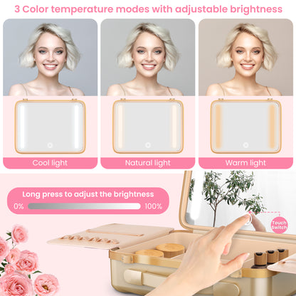 EASYINBEAUTY Travel Makeup Case with Lighted Mirror - Gold
