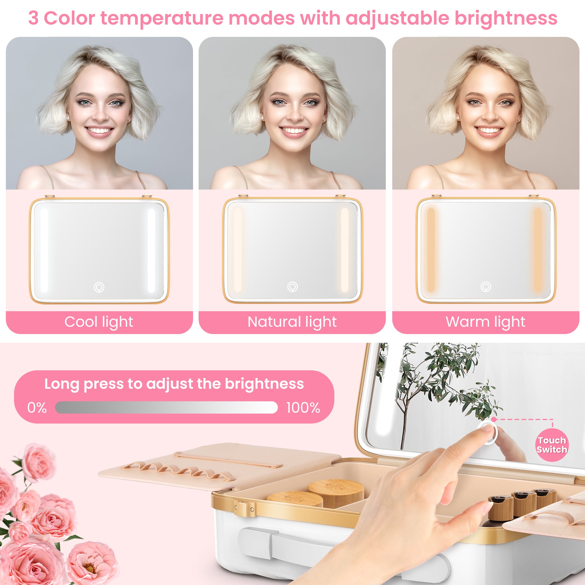 EASYINBEAUTY Travel Makeup Case with Lighted Mirror - White