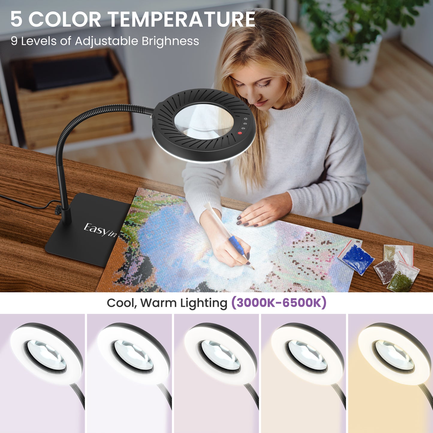 EasyinBeauty 8X Magnifying Glass with Light and Stand