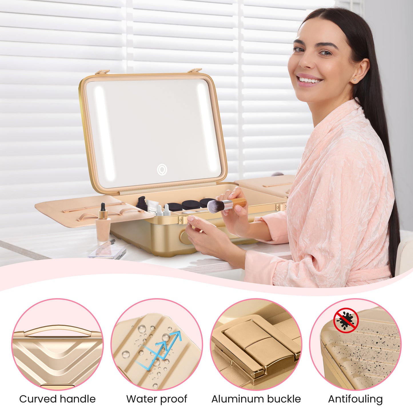 EASYINBEAUTY Travel Makeup Case with Lighted Mirror - Gold