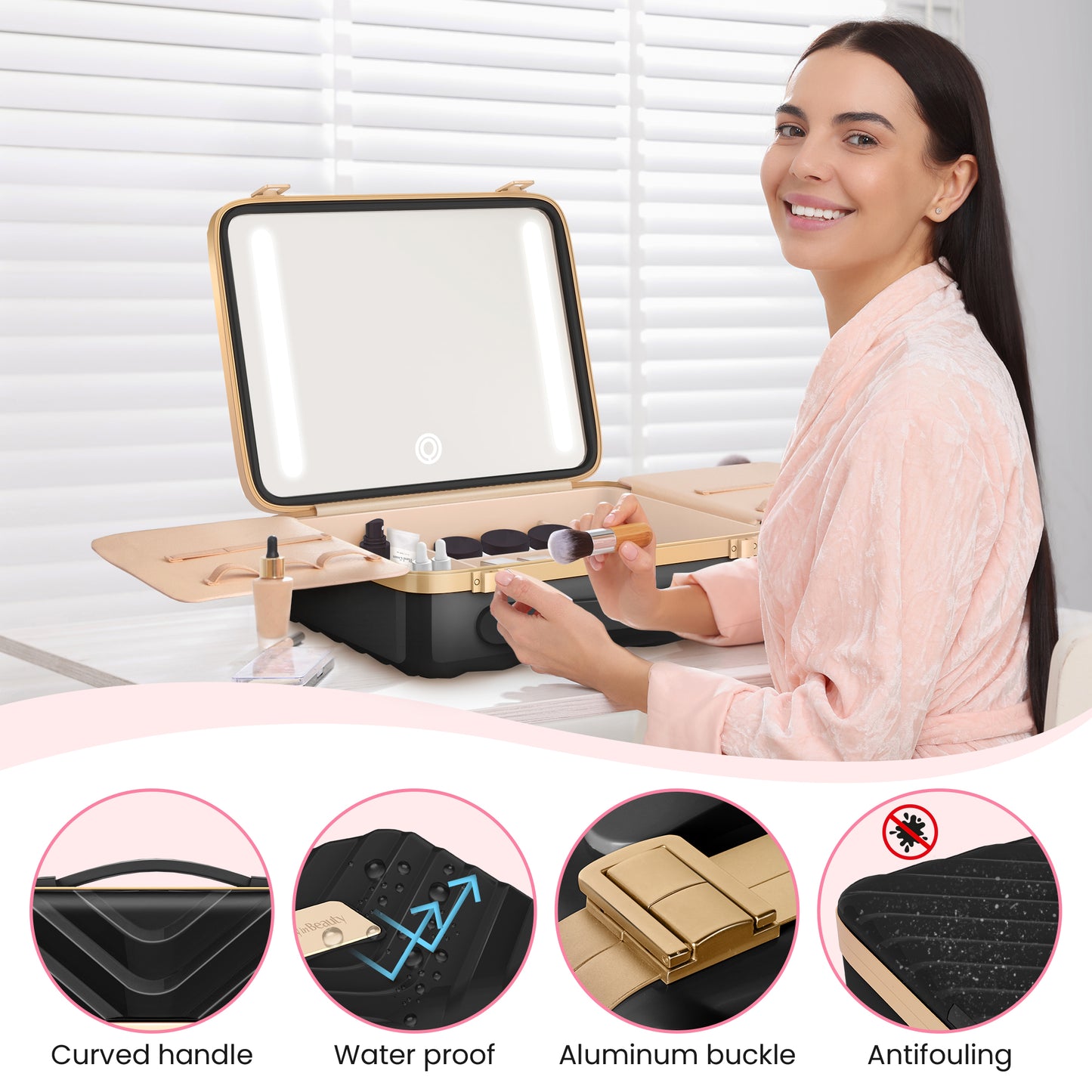 EASYINBEAUTY Travel Makeup Case with Lighted Mirror - Black