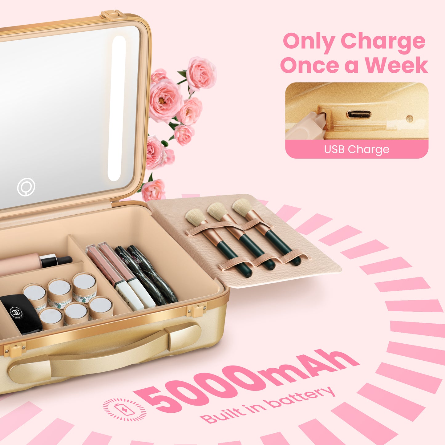 EASYINBEAUTY Travel Makeup Case with Lighted Mirror - Gold
