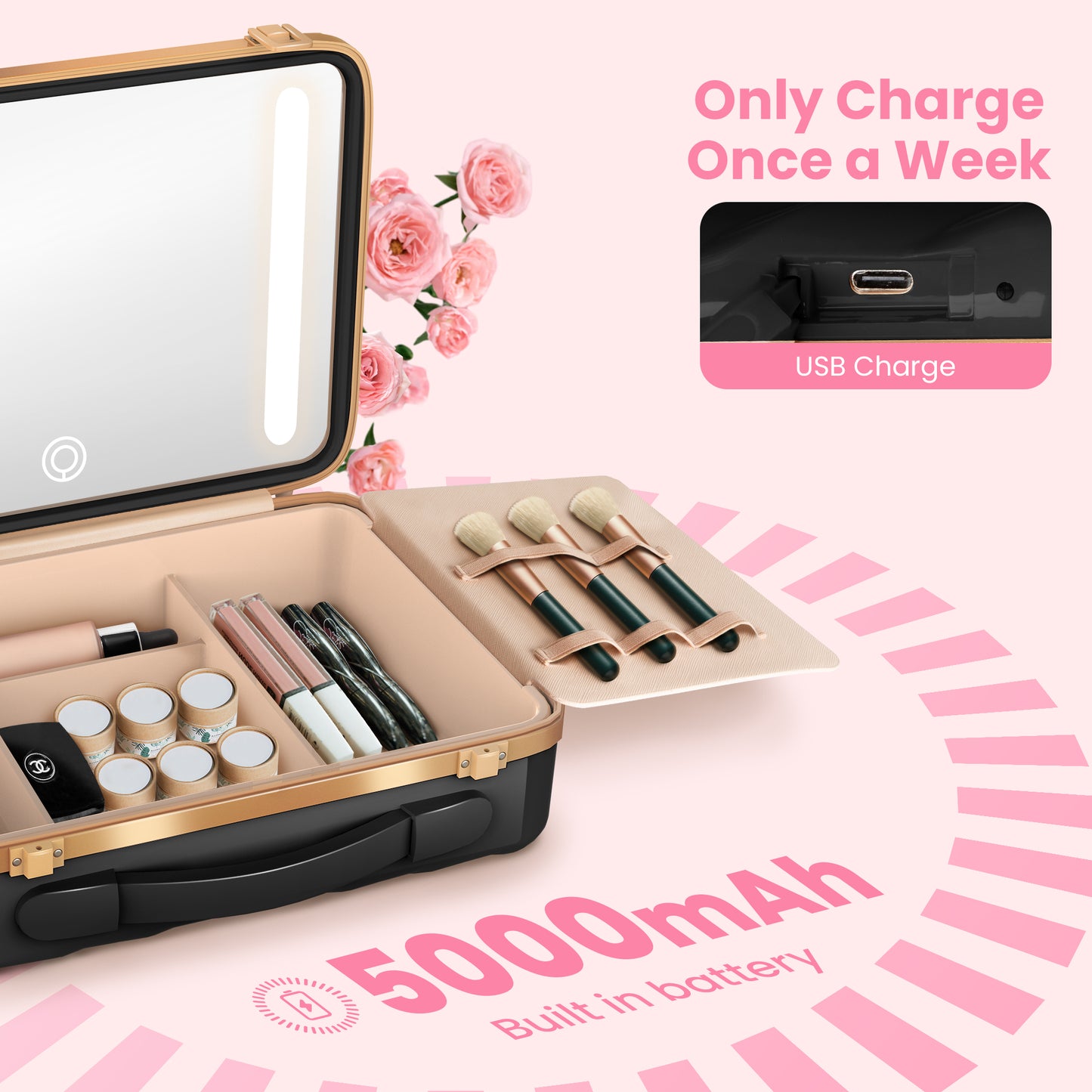 EASYINBEAUTY Travel Makeup Case with Lighted Mirror - Black