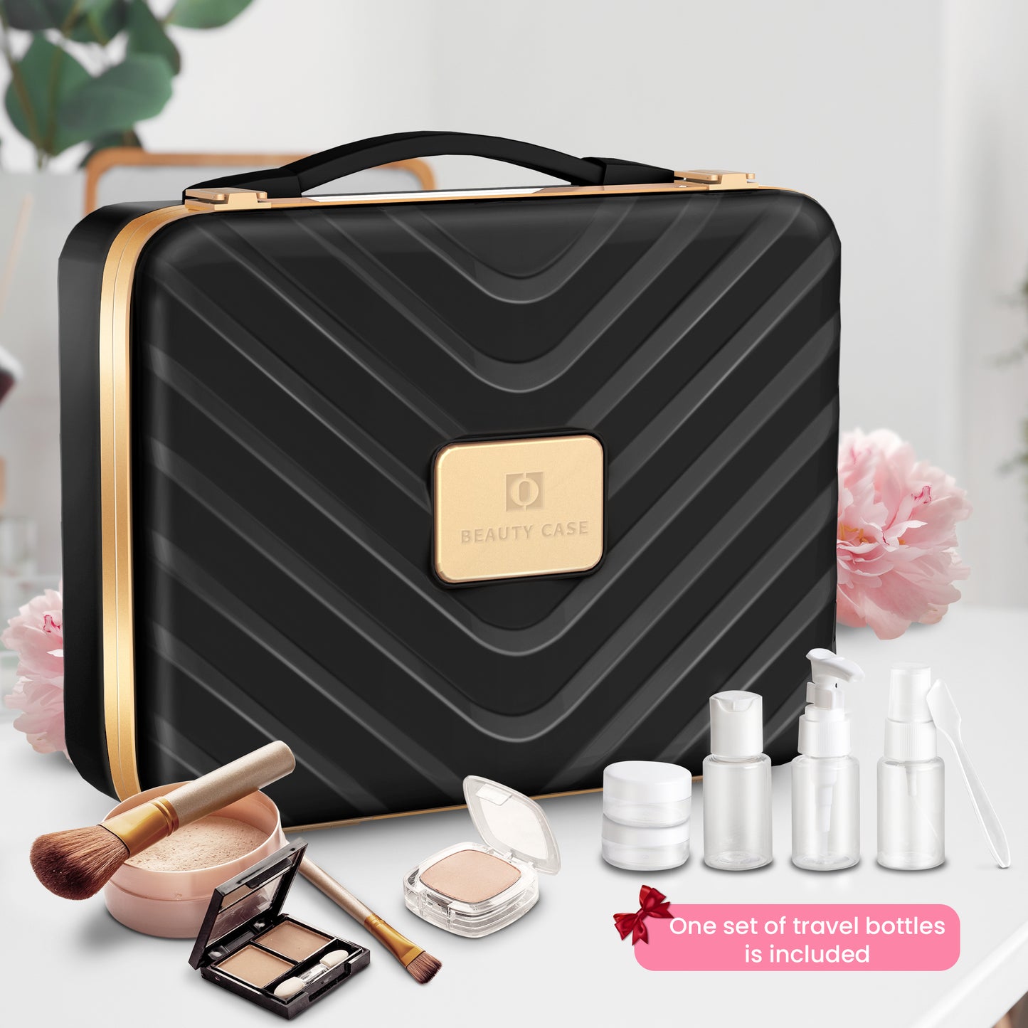 EASYINBEAUTY Travel Makeup Case with Lighted Mirror - Black