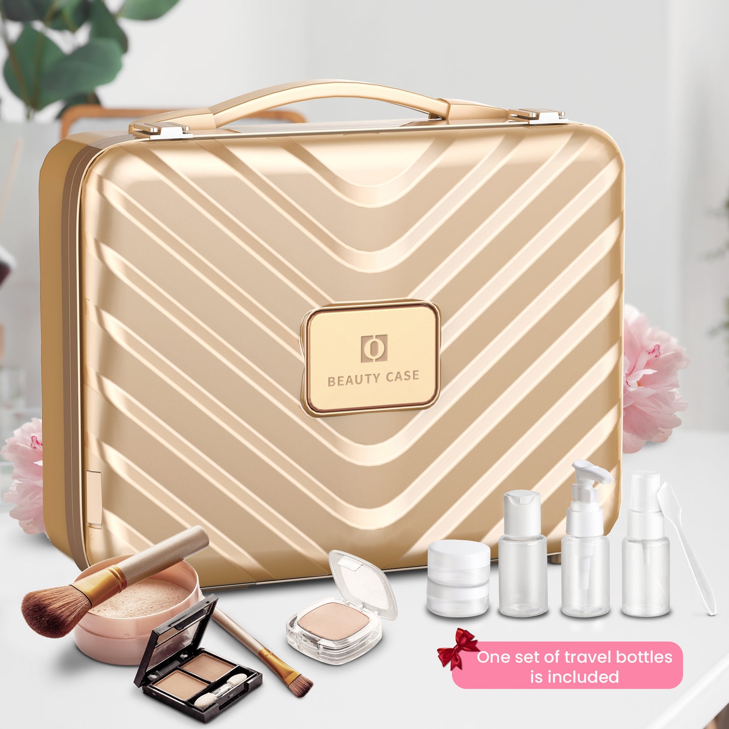EASYINBEAUTY Travel Makeup Case with Lighted Mirror - Gold