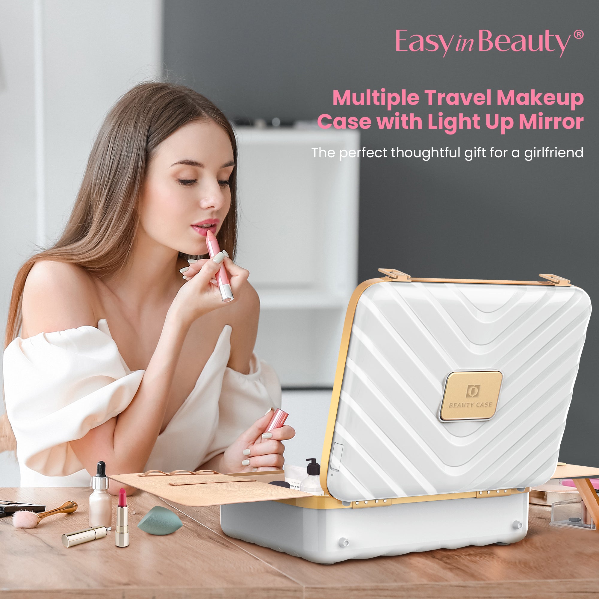 EASYINBEAUTY Travel Makeup Case with Lighted Mirror - White