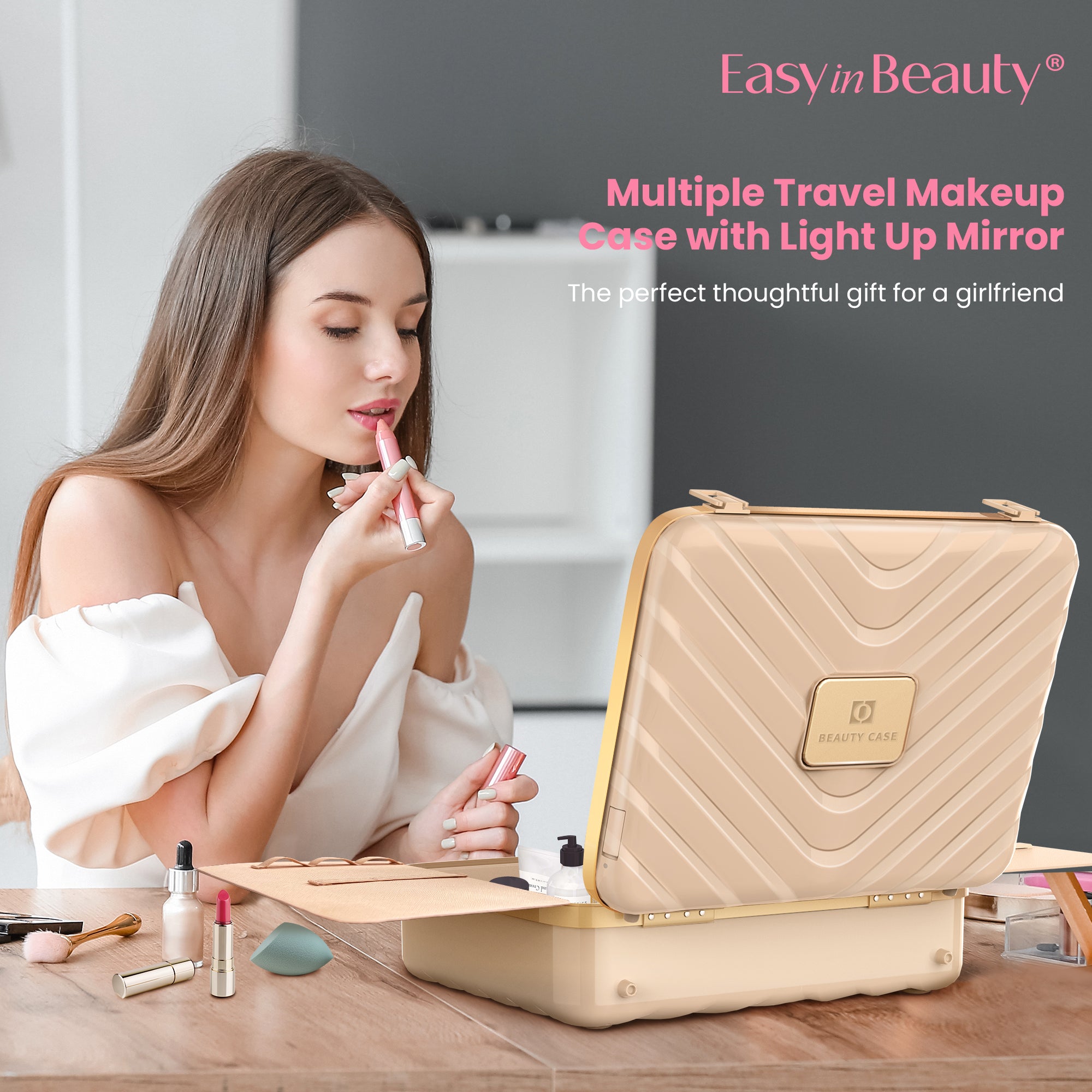 EASYINBEAUTY Travel Makeup Case with Lighted Mirror - Pink