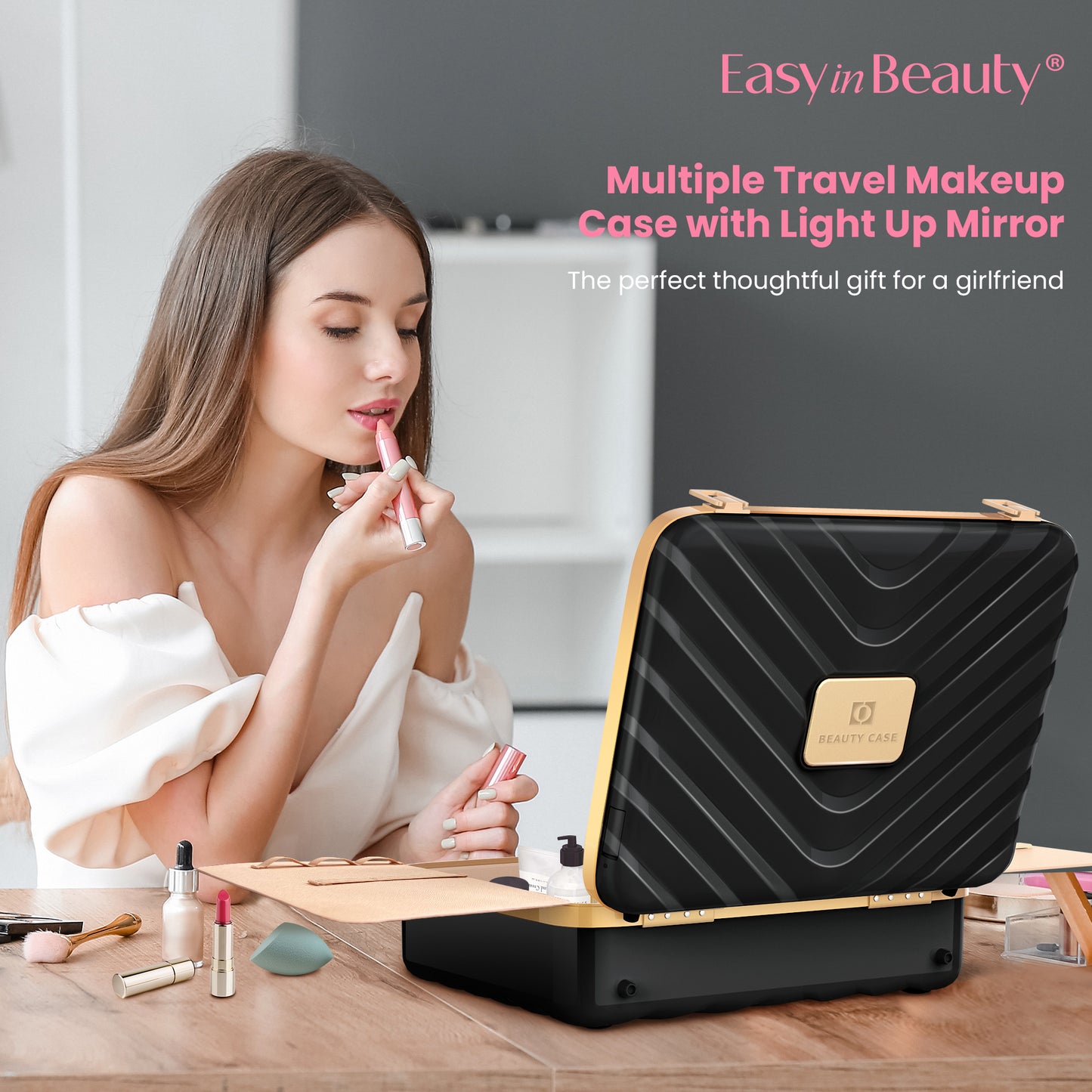 EASYINBEAUTY Travel Makeup Case with Lighted Mirror - Black