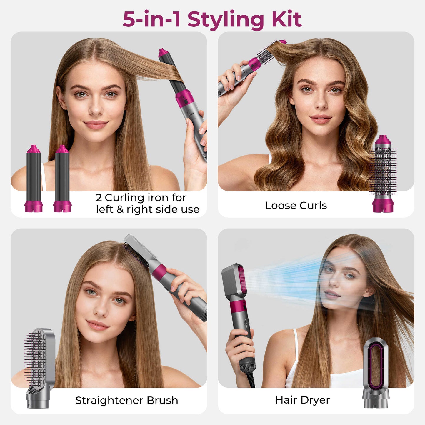 5 in 1 Blow Dry Brush | Multi Hair Styler for All Hair Lengths - Rose Red