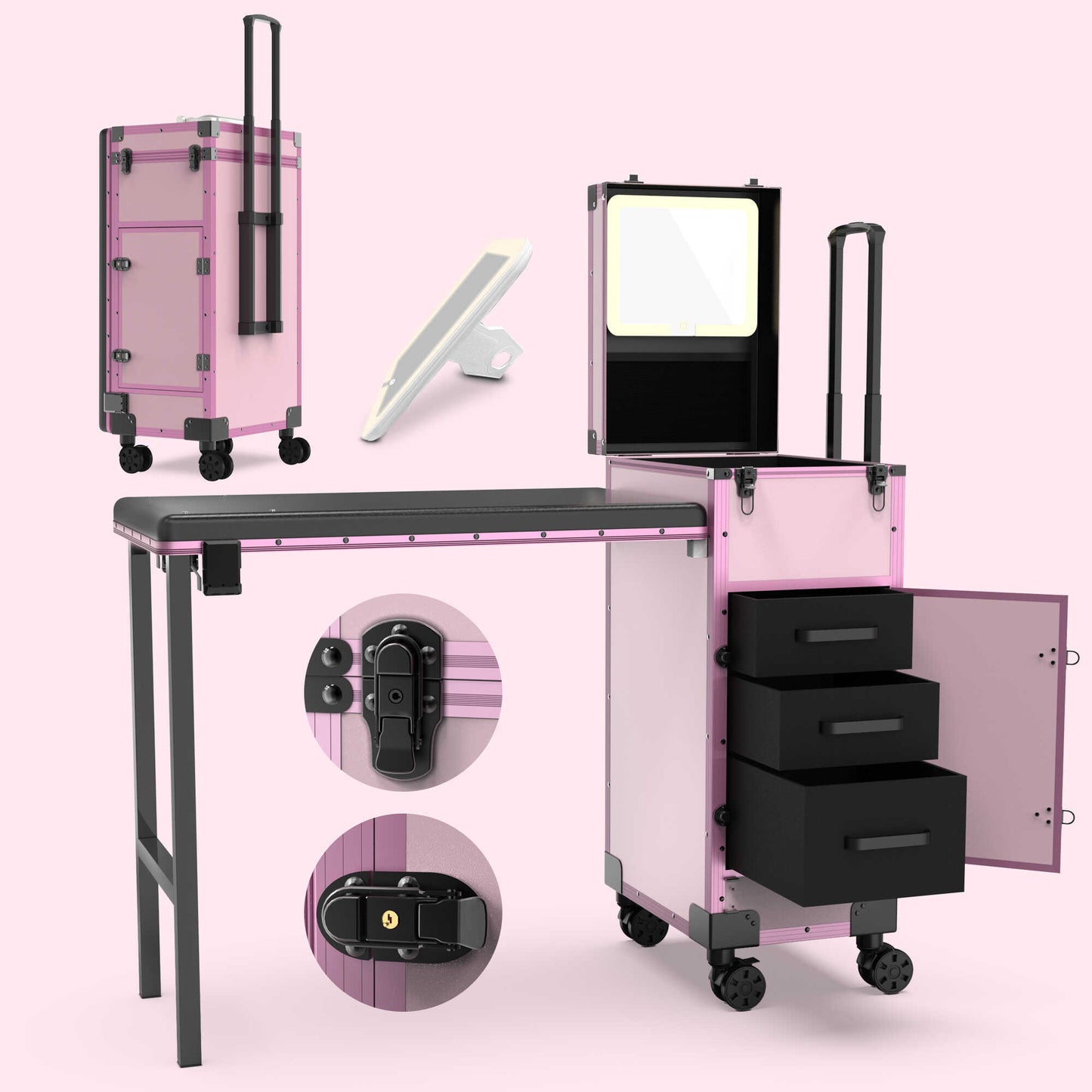 New Upgrade Rolling Manicure Table Folding Nail Tech Desk - Pink