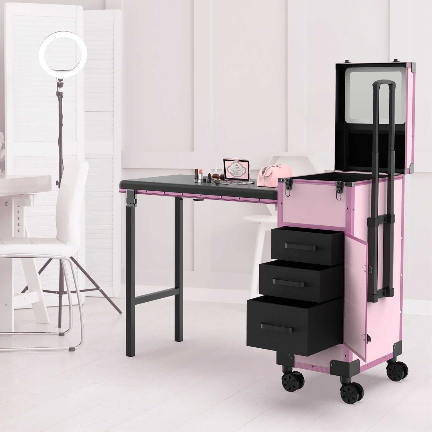 New Upgrade Rolling Manicure Table Folding Nail Tech Desk - Pink