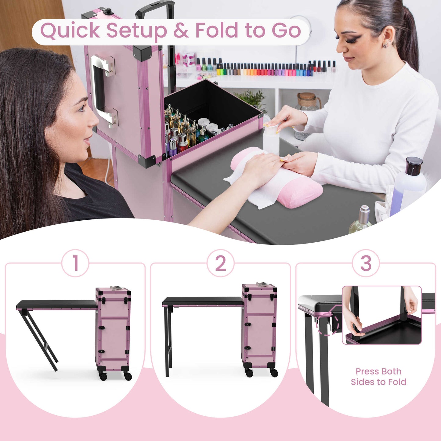 New Upgrade Rolling Manicure Table Folding Nail Tech Desk - Pink