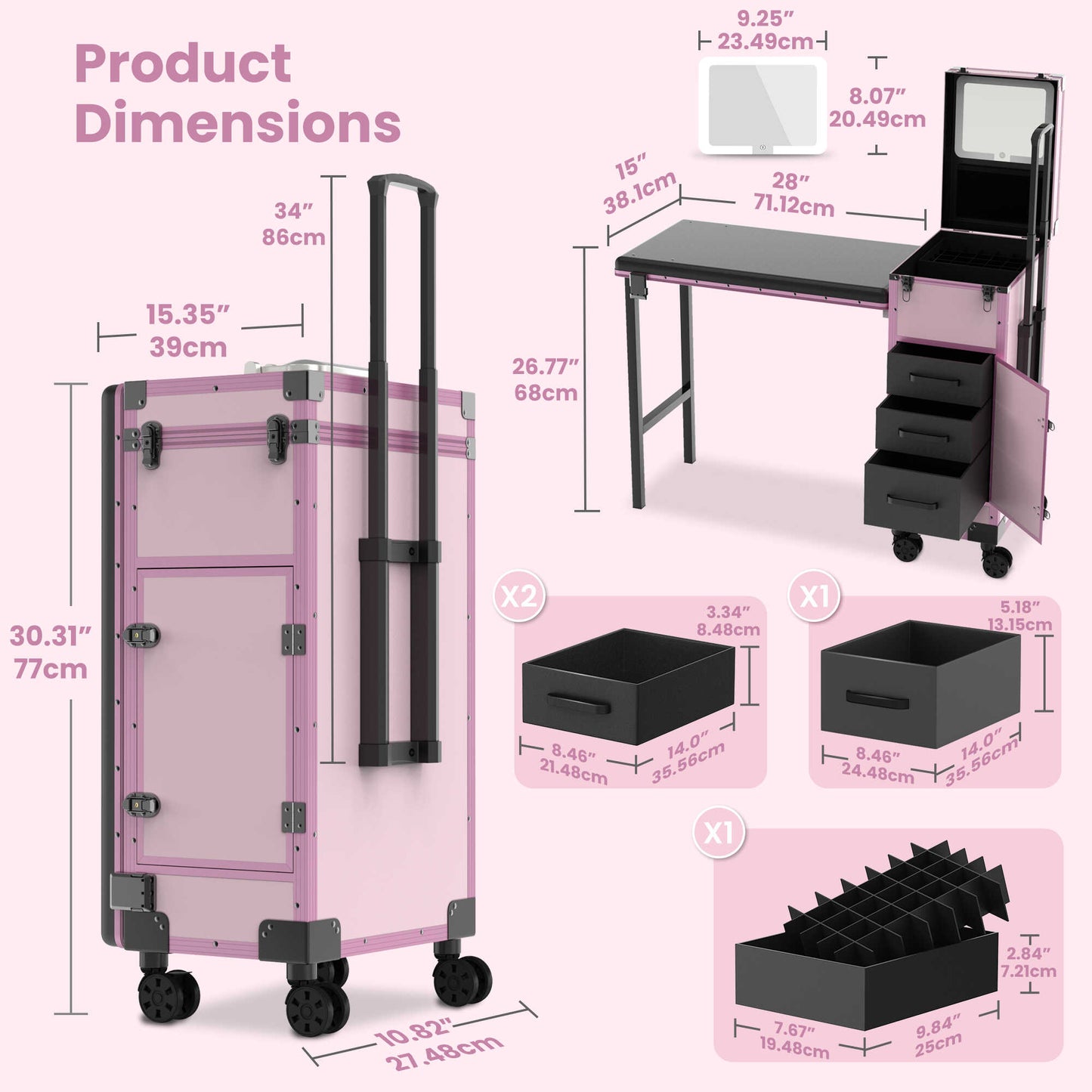 New Upgrade Rolling Manicure Table Folding Nail Tech Desk - Pink
