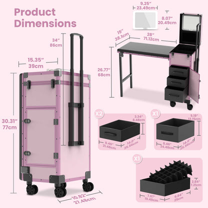 New Upgrade Rolling Manicure Table Folding Nail Tech Desk - Pink