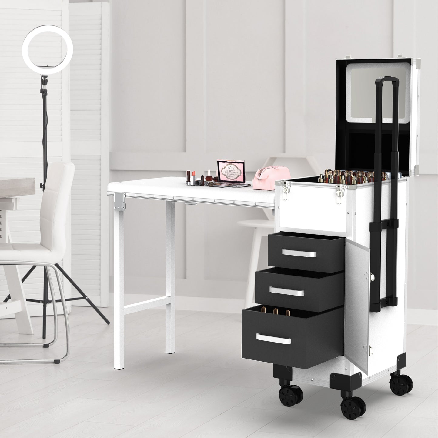 New Upgrade Rolling Manicure Table Portable Nail Tech Desk - White