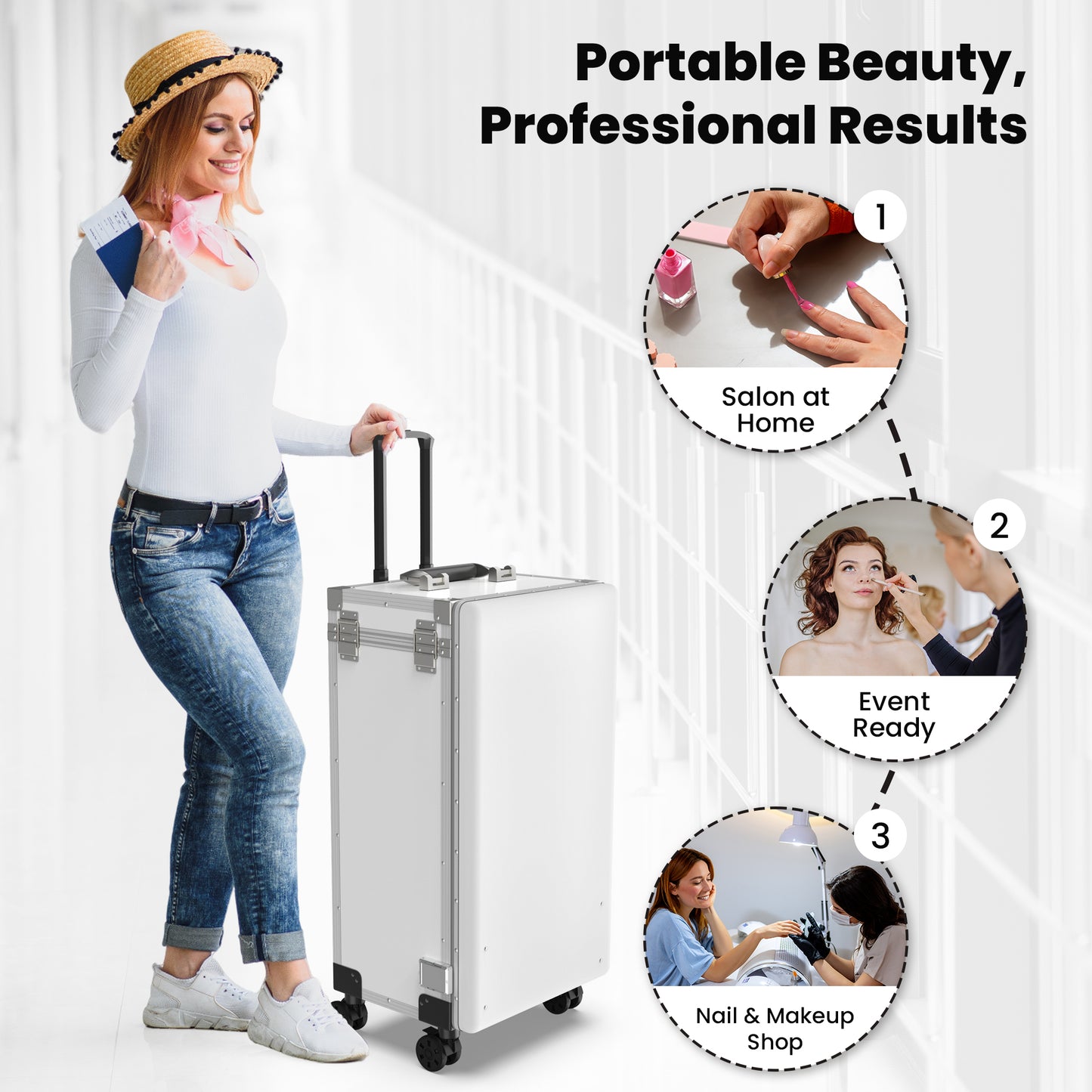 New Upgrade Rolling Manicure Table Portable Nail Tech Desk - White