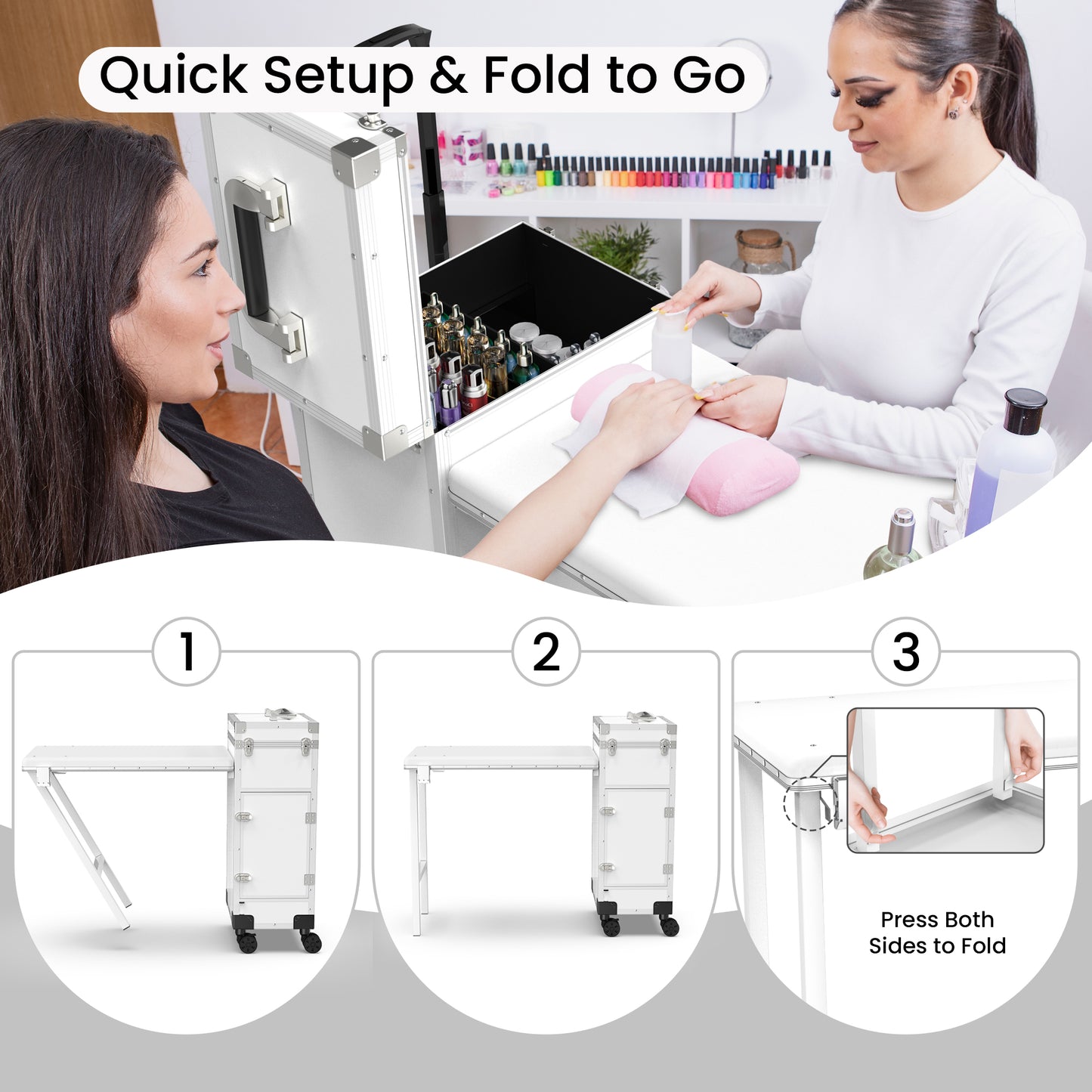 New Upgrade Rolling Manicure Table Portable Nail Tech Desk - White