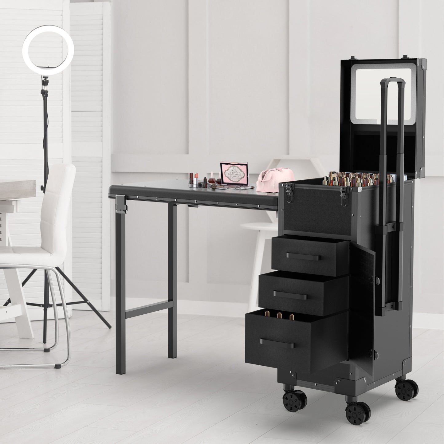 New Upgrade Rolling Manicure Table Foldable Nail Tech Desk - Black