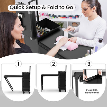 New Upgrade Rolling Manicure Table Foldable Nail Tech Desk - Black